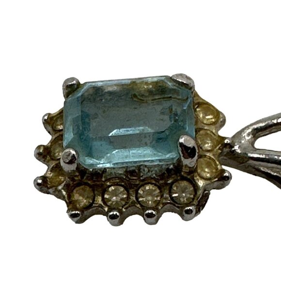 Dainty Faux Vintage Blue Pendant Aqua Glass Rhinestone Accents Silver Tone - Picture 3 of 6